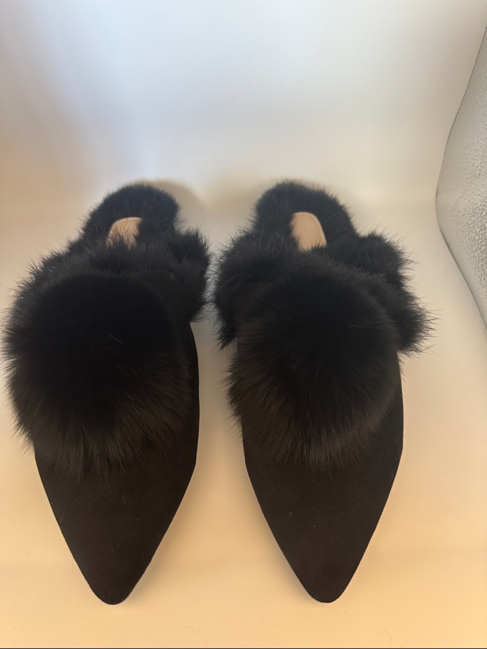 Black Leather, Fur-Lined Pointed Toe Mule - Women's Slip-On Shoe